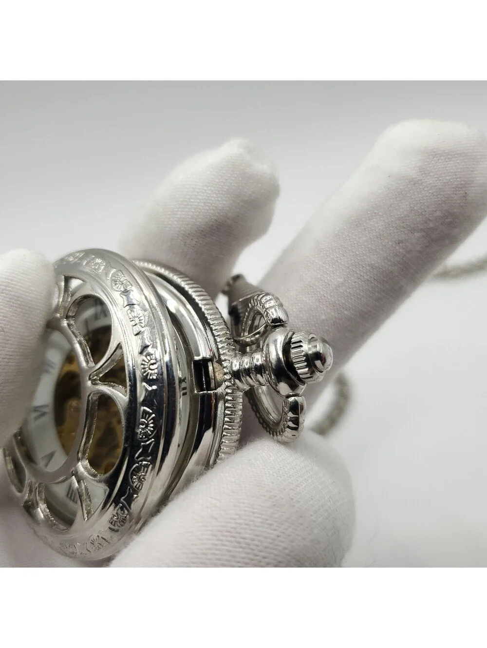 Steam Punk Mechanical Pocket Silver 47mm Pocket Watch With Chain